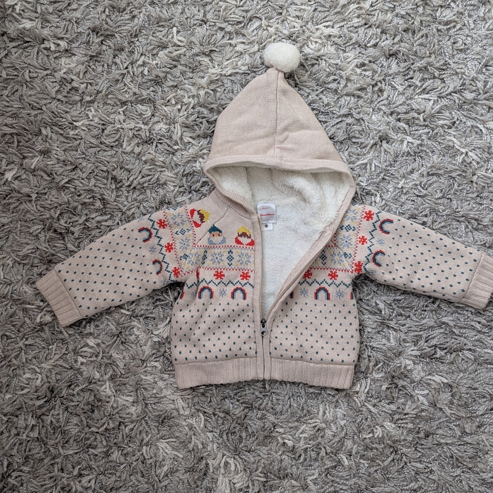 Hanna Andersson Beige Hooded Baby Sweater with Colorful Patterns Size 2T